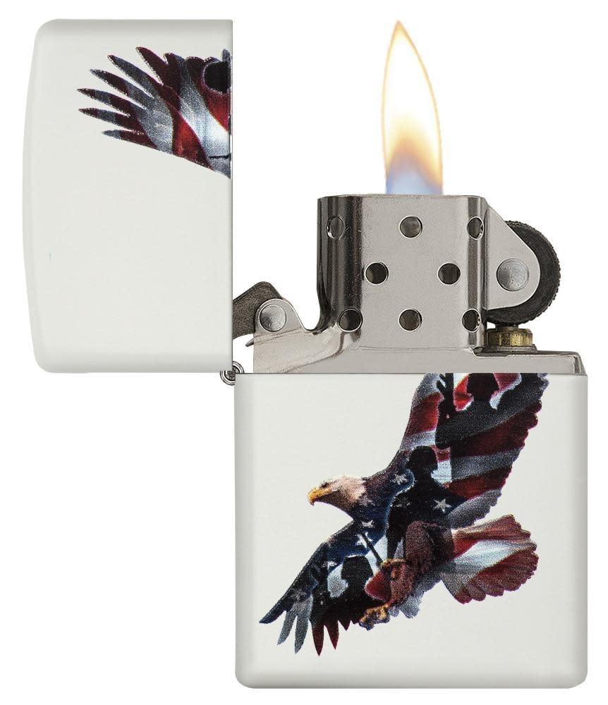 Front view of the Patriotic Eagle Soldiers Lighter open and lit
